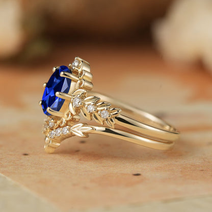 Royal Blue Sapphire Leaf Bridal Ring Set-Tamsin