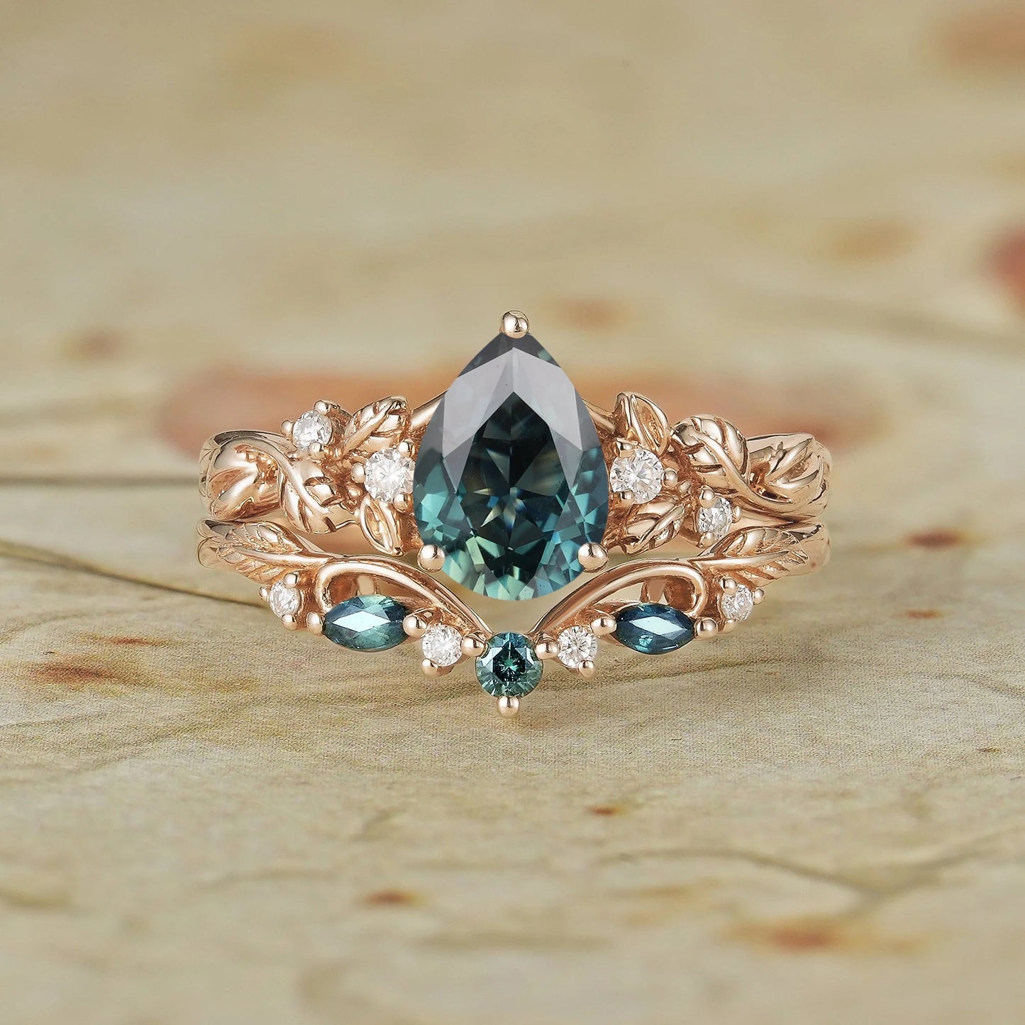 Signature Pear Vintage Teal Sapphire Engagement Ring Set 2pcs - Octavia