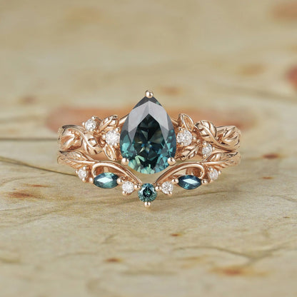 Signature Pear Vintage Teal Sapphire Engagement Ring Set 2pcs - Octavia