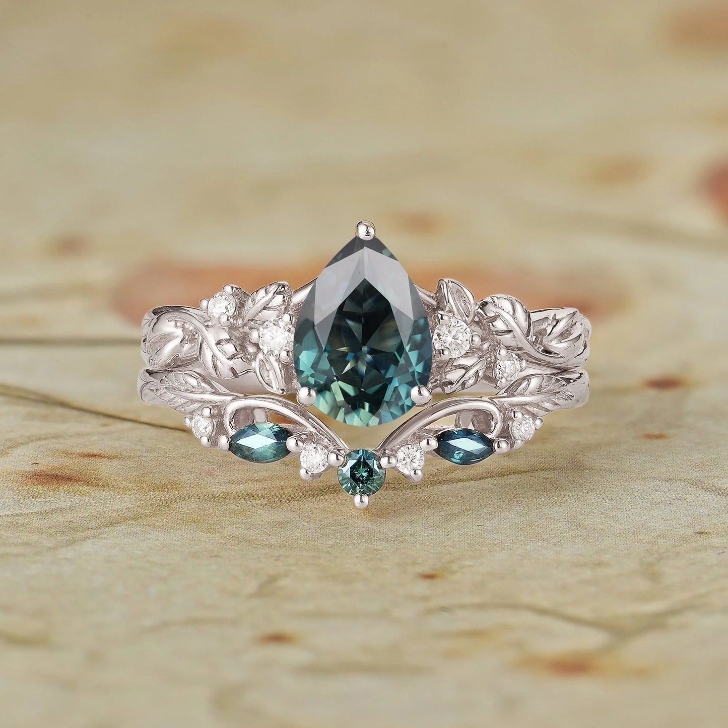 Signature Pear Vintage Teal Sapphire Engagement Ring Set 2pcs - Octavia
