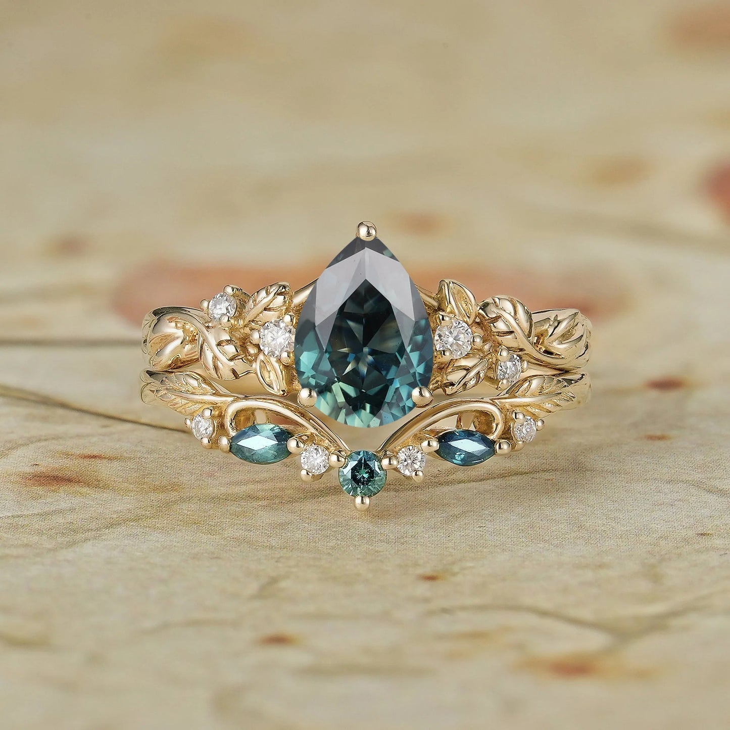 Signature Pear Vintage Teal Sapphire Engagement Ring Set 2pcs - Octavia