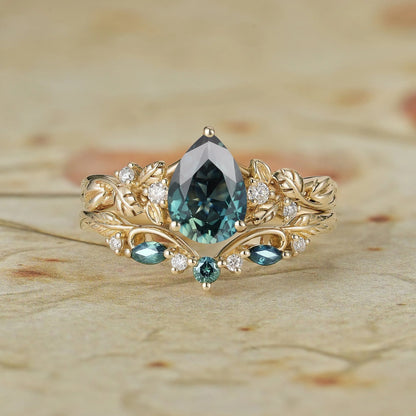 Signature Pear Vintage Teal Sapphire Engagement Ring Set 2pcs - Octavia
