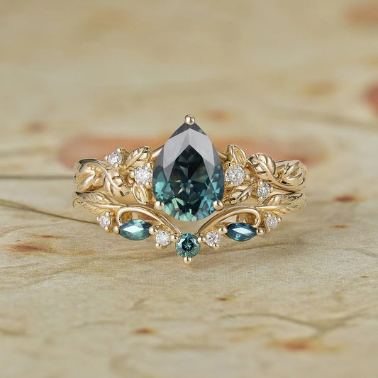 Signature Pear Vintage Teal Sapphire Engagement Ring Set 2pcs - Octavia