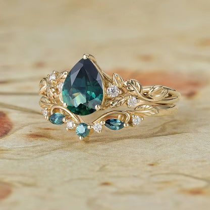 Signature Pear Vintage Teal Sapphire Engagement Ring Set 2pcs - Octavia