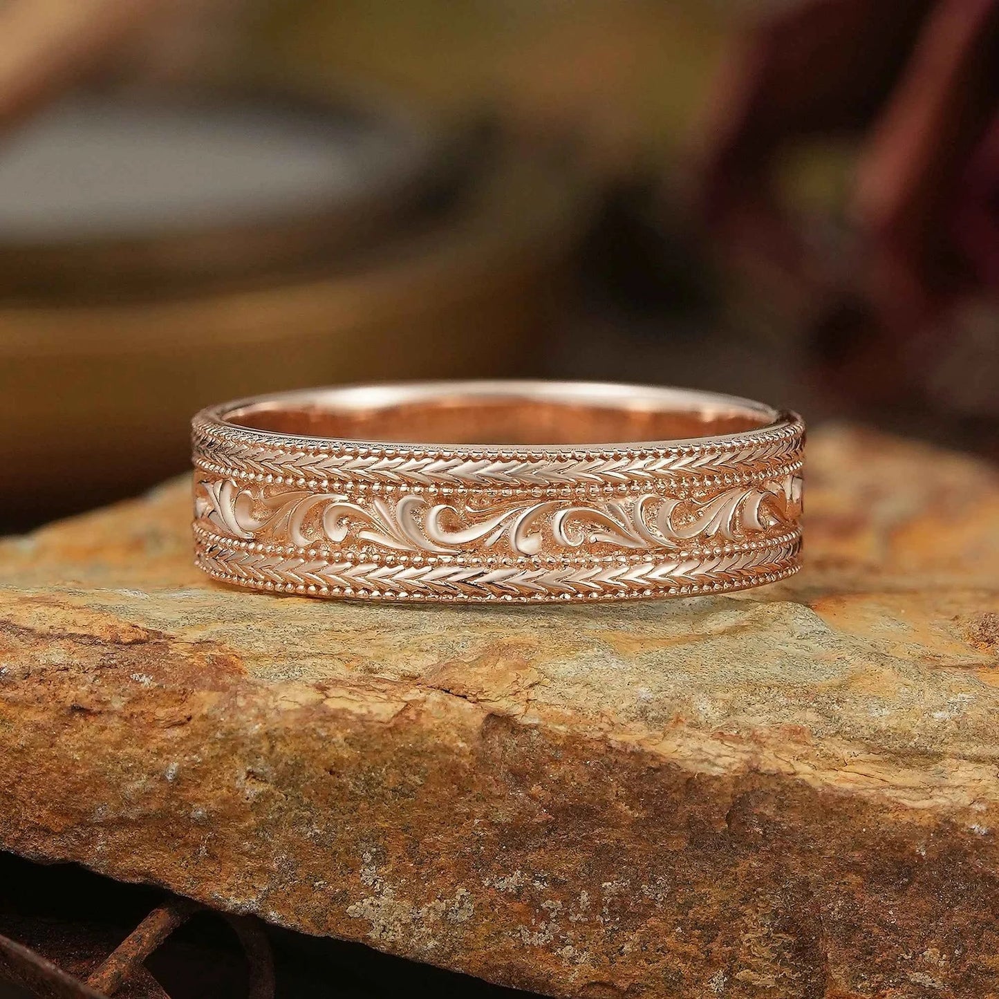 Solid Gold Leaf And Vine Milgrain Men's Ring - Bradley
