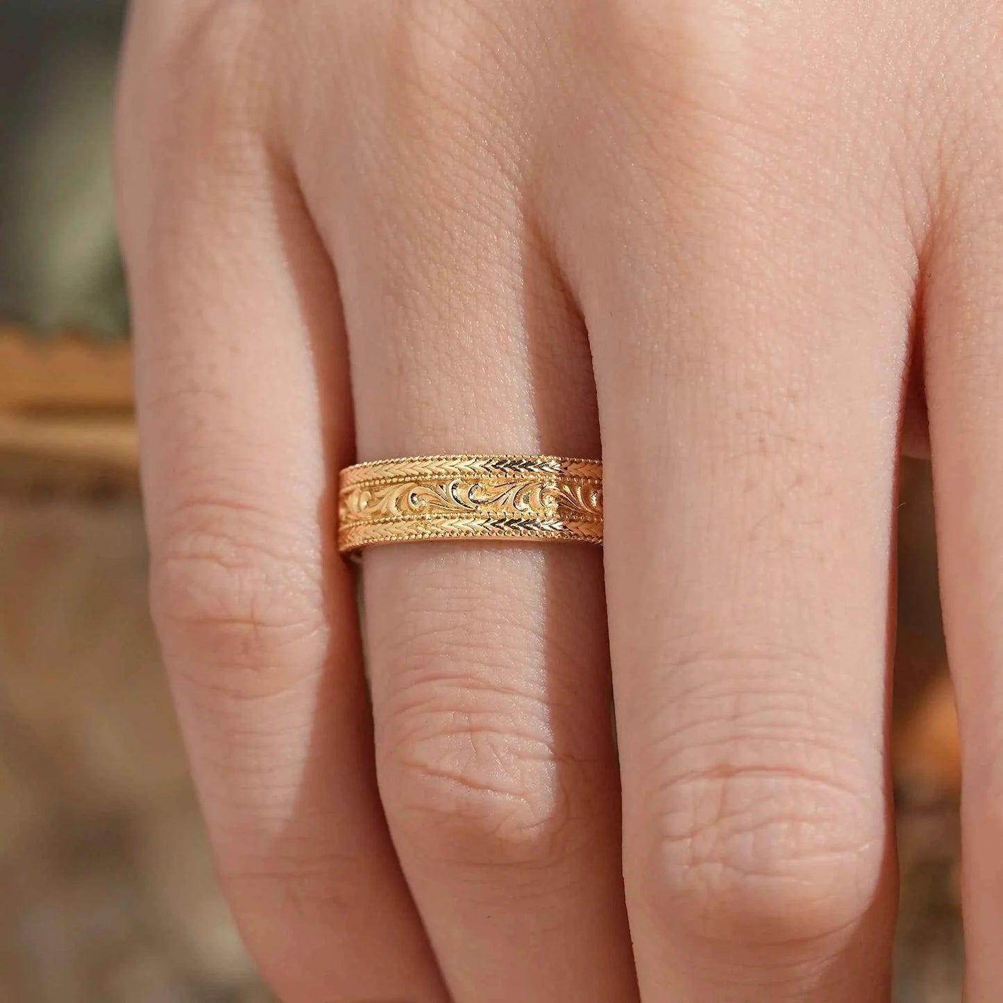 Solid Gold Leaf And Vine Milgrain Men's Ring - Bradley
