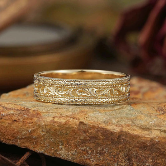 Solid Gold Leaf And Vine Milgrain Men's Ring - Bradley