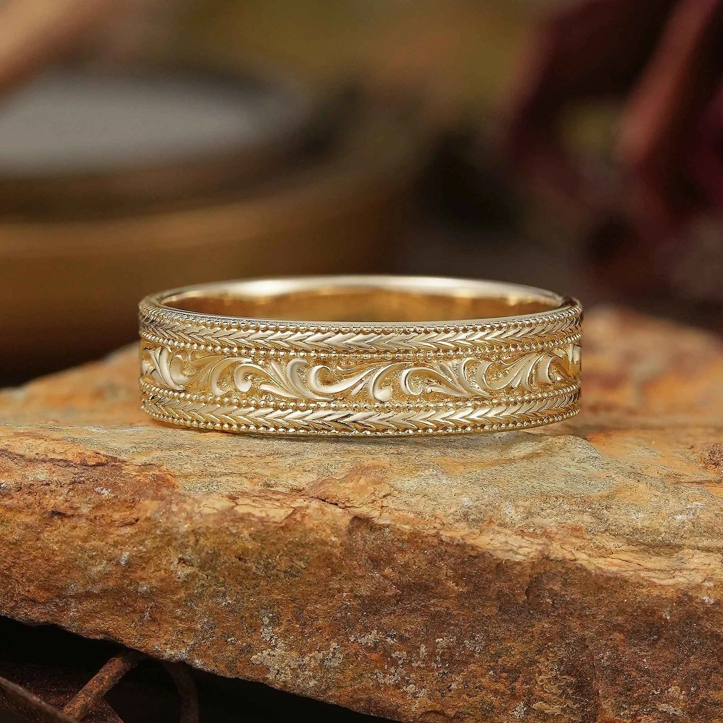 Solid Gold Leaf And Vine Milgrain Men's Ring - Bradley