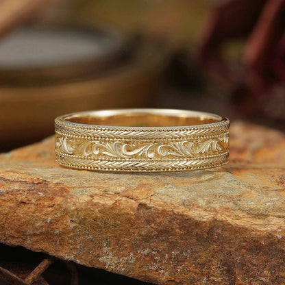 Solid Gold Leaf And Vine Milgrain Men's Ring - Bradley