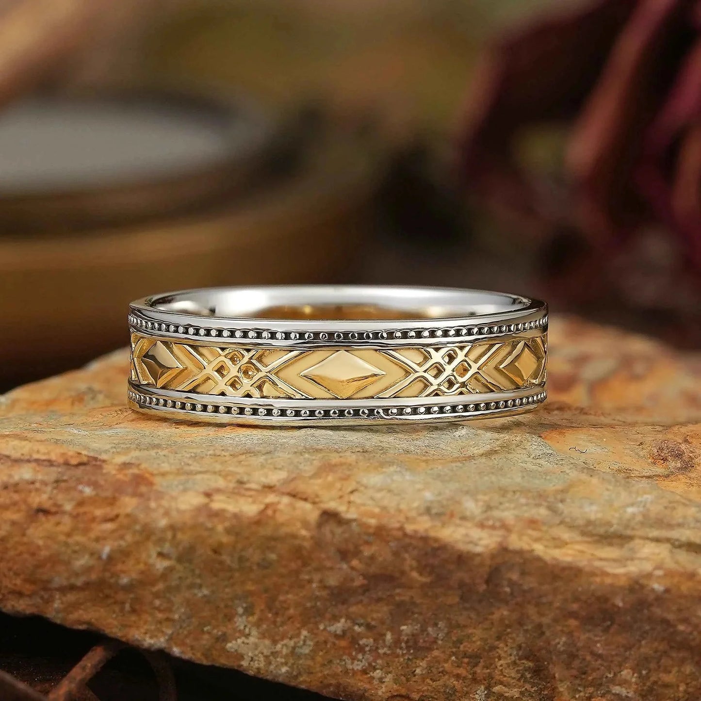 Solid Gold Mixed Metal Milgrain Unique Men's Ring - Benedict