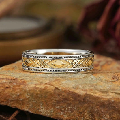 Solid Gold Mixed Metal Milgrain Unique Men's Ring - Benedict