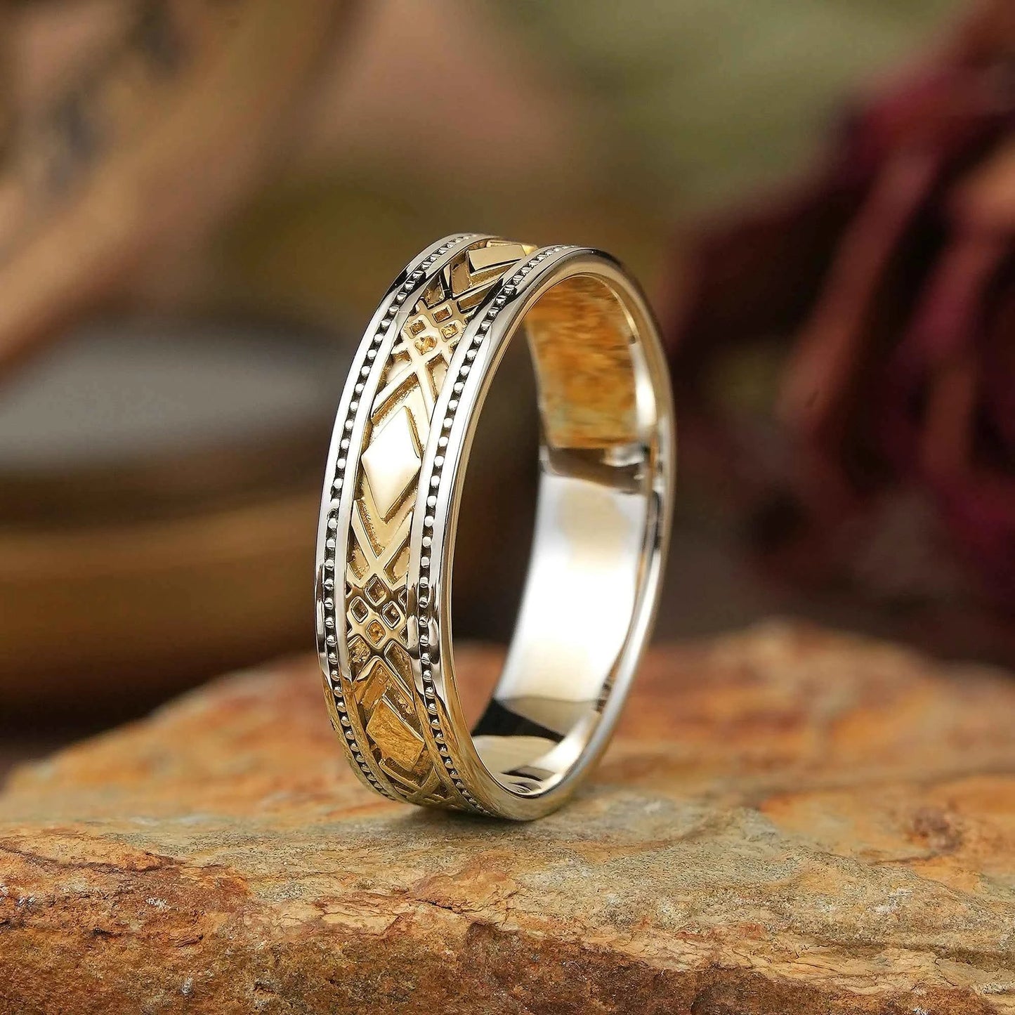Solid Gold Mixed Metal Milgrain Unique Men's Ring - Benedict