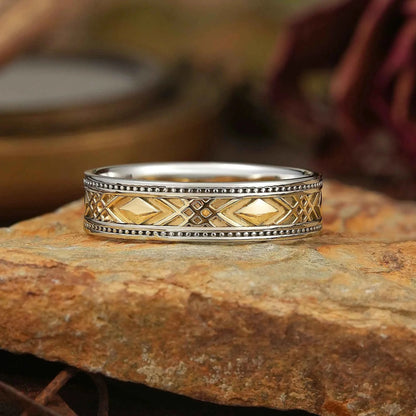 Solid Gold Mixed Metal Milgrain Unique Men's Ring - Benedict