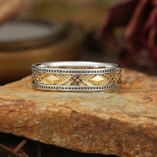 Solid Gold Mixed Metal Milgrain Unique Men's Ring - Benedict