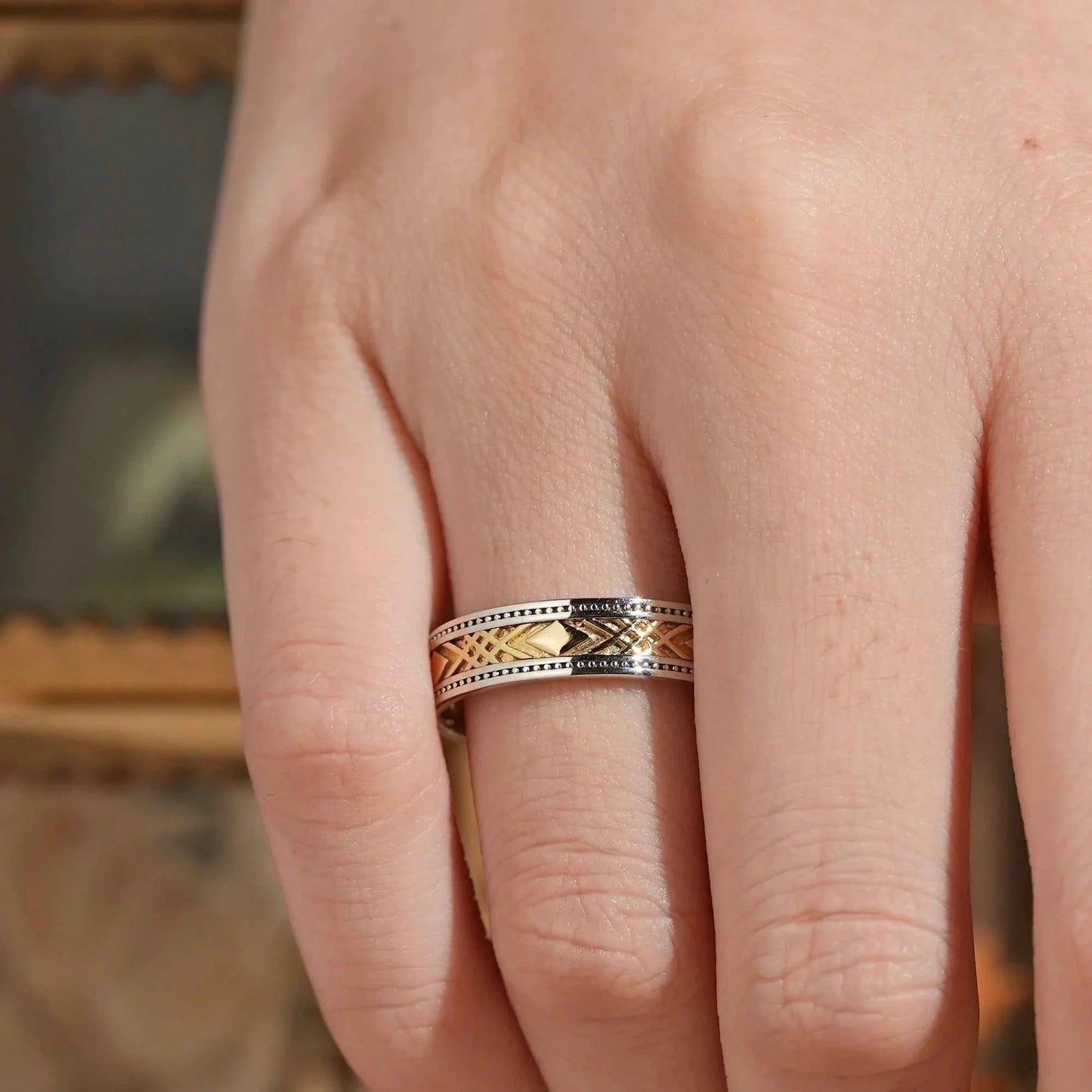Solid Gold Mixed Metal Milgrain Unique Men's Ring - Benedict