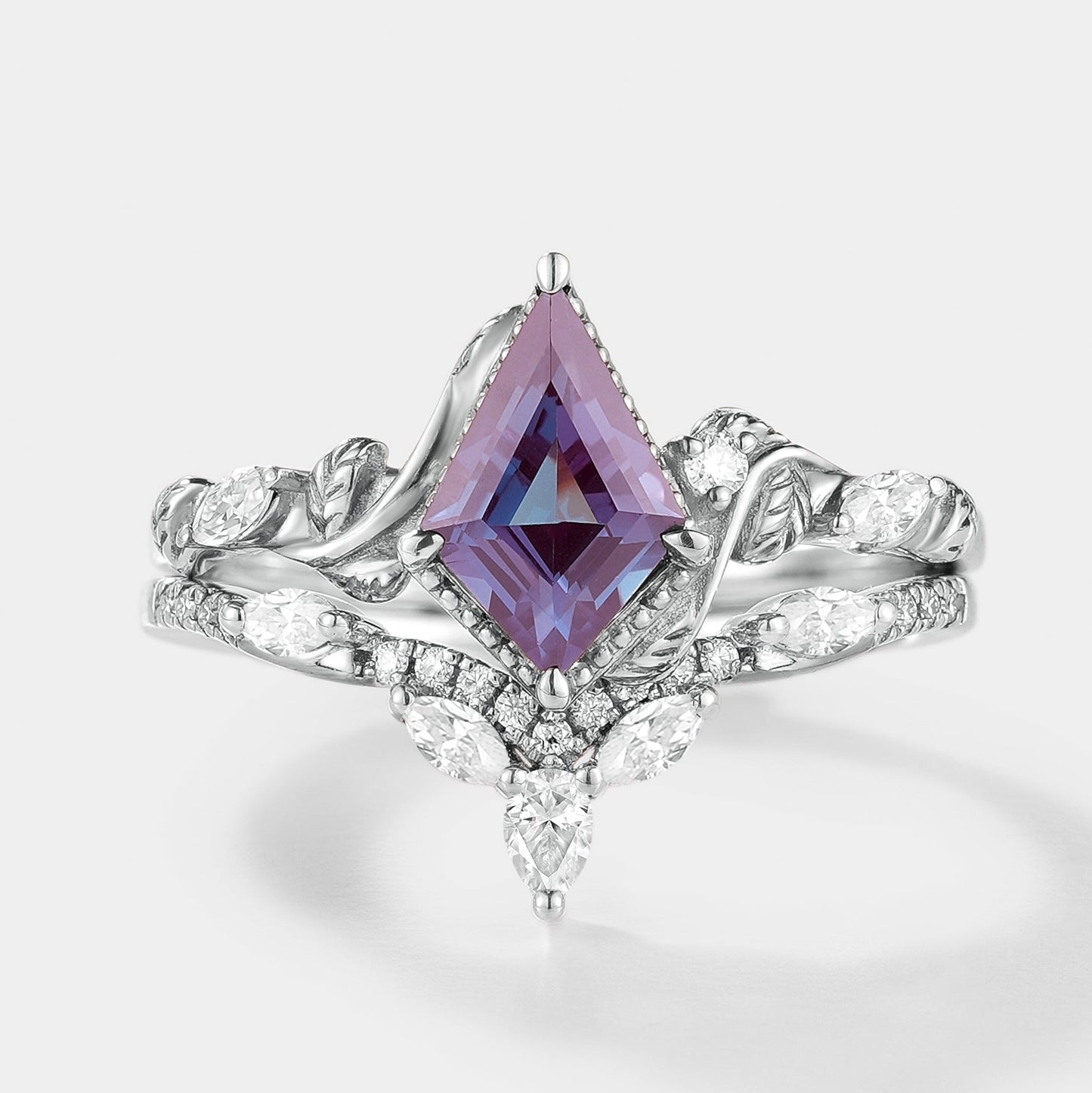 Unique Kite Cut Alexandrite Ring Leaf Bridal Set 2pcs