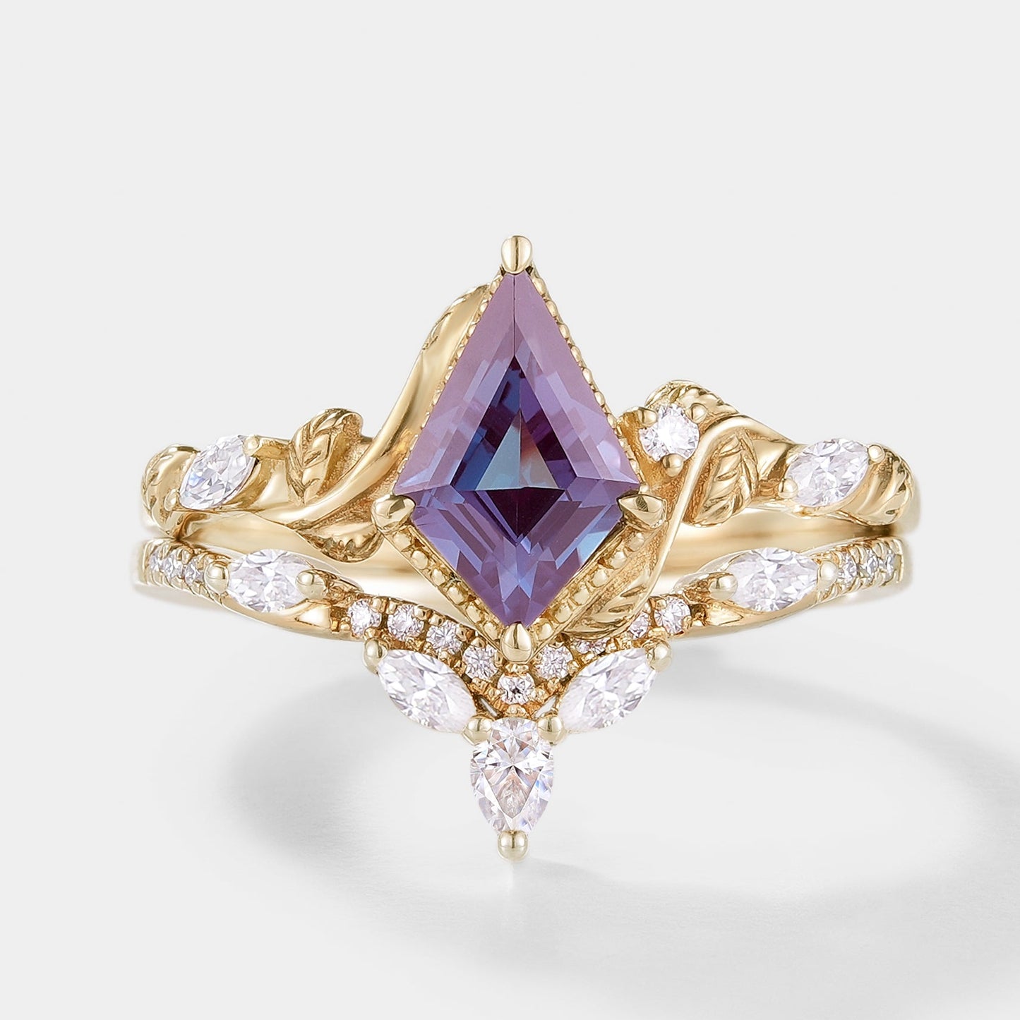 Unique Kite Cut Alexandrite Ring Leaf Bridal Set 2pcs