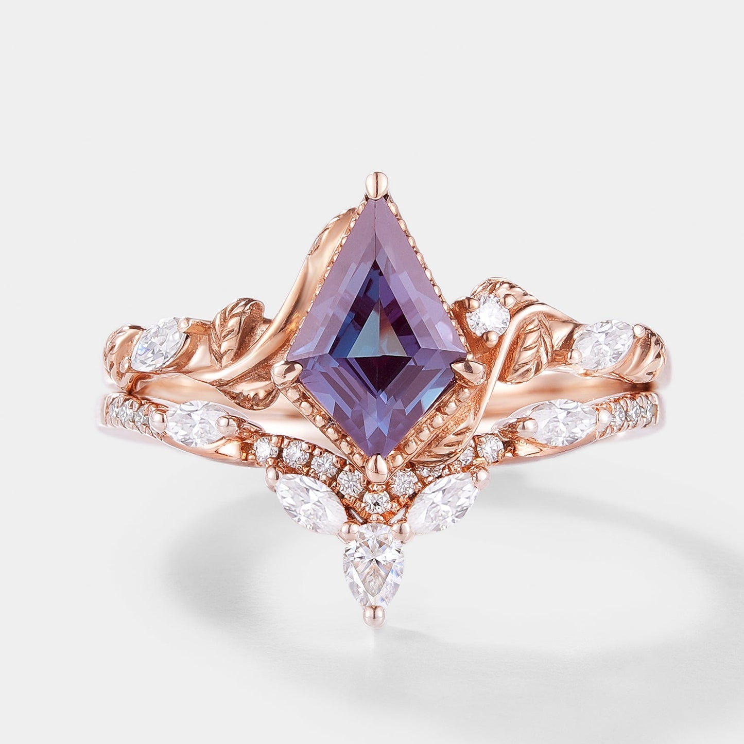 Unique Kite Cut Alexandrite Ring Leaf Bridal Set 2pcs