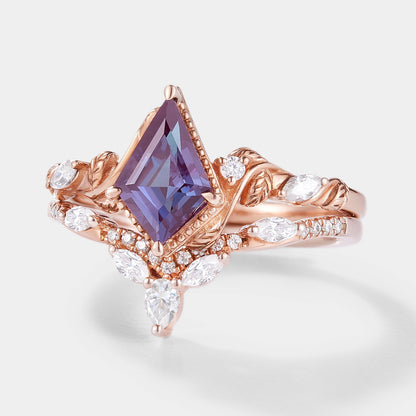 Unique Kite Cut Alexandrite Ring Leaf Bridal Set 2pcs