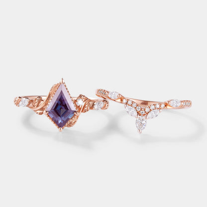 Unique Kite Cut Alexandrite Ring Leaf Bridal Set 2pcs