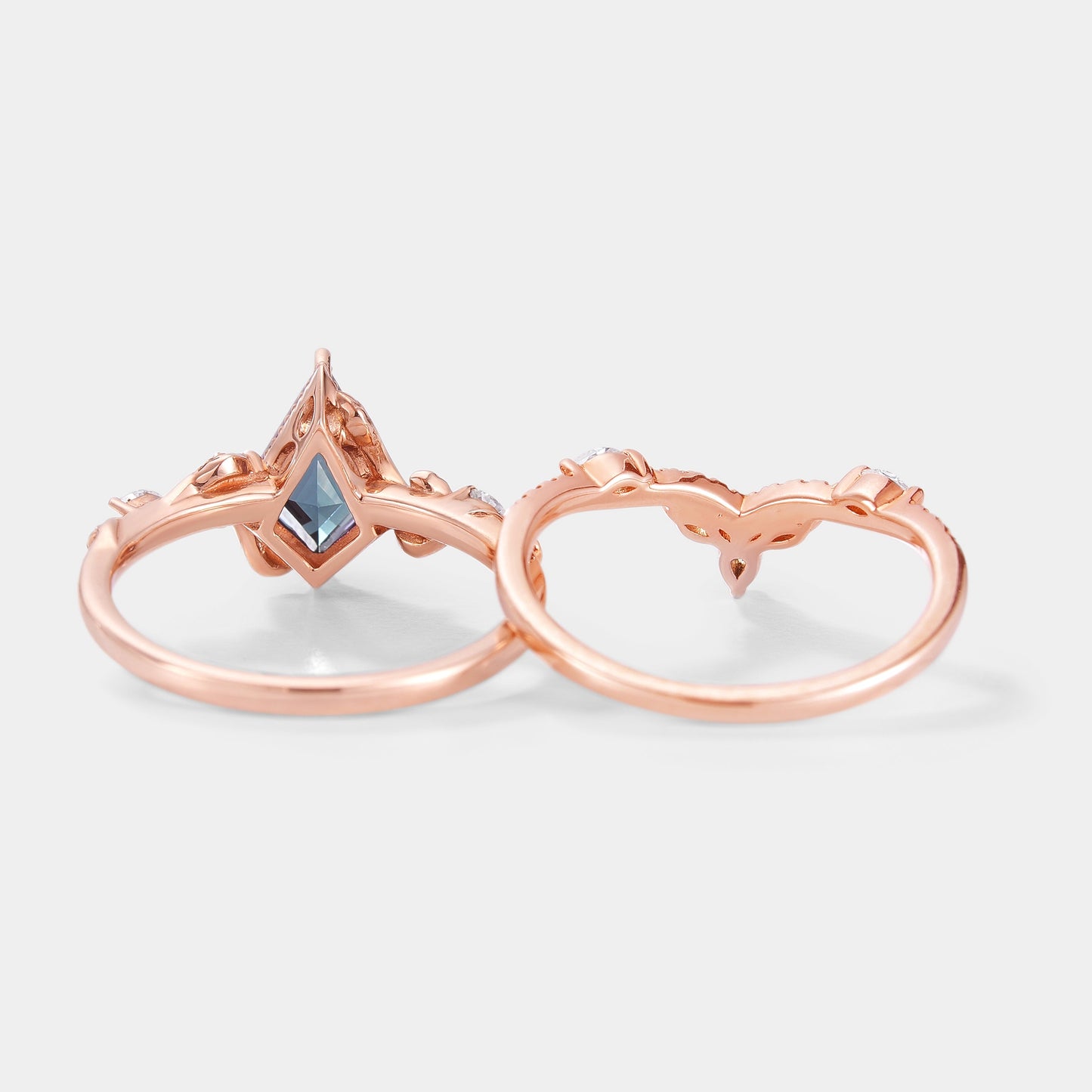 Unique Kite Cut Alexandrite Ring Leaf Bridal Set 2pcs