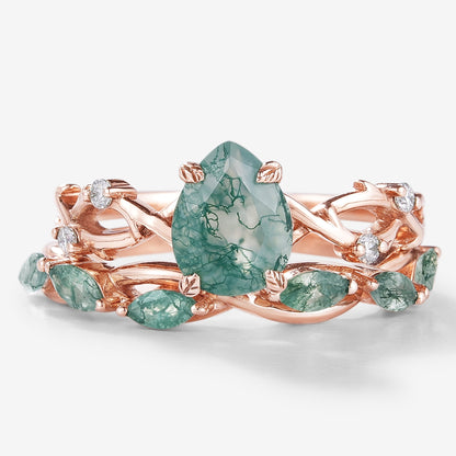 Moss Agate Engagement Ring With Straight Wedding Band 2pcs