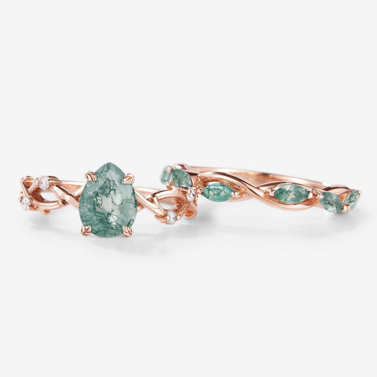 Moss Agate Engagement Ring With Straight Wedding Band 2pcs