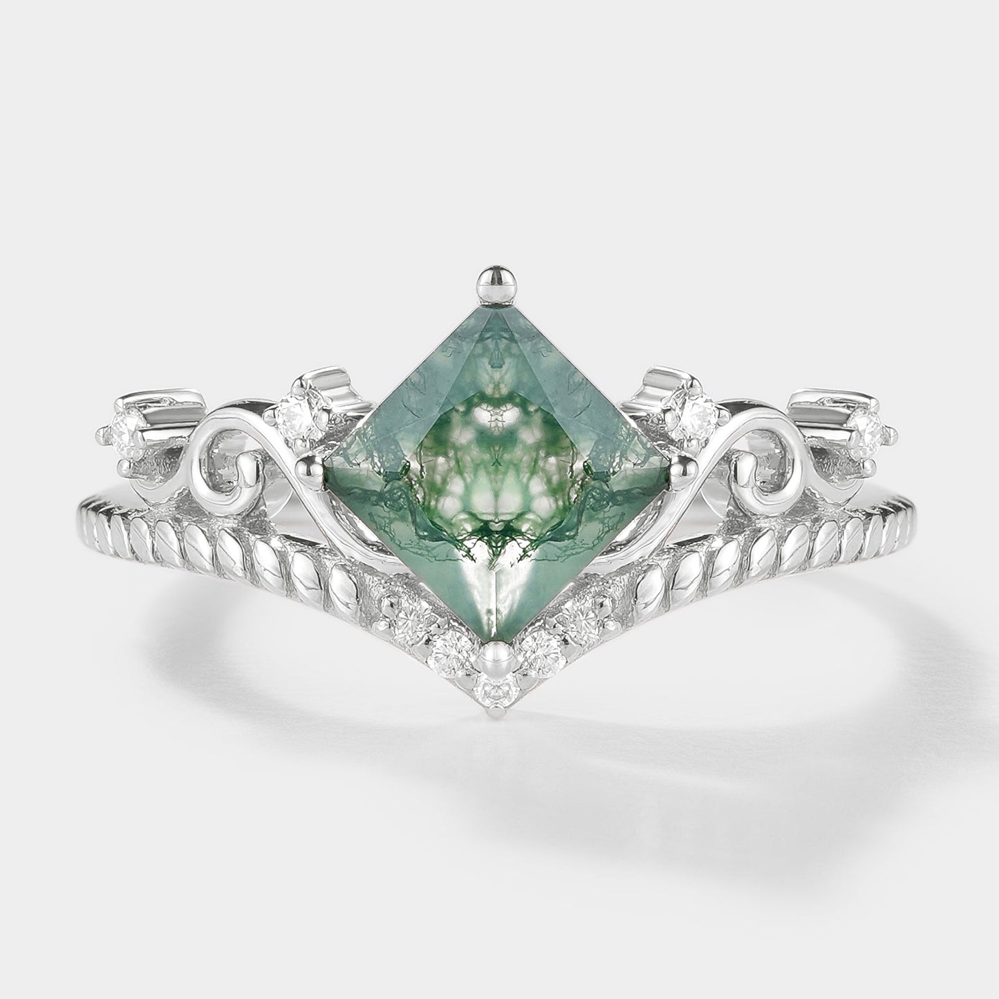 Princess Cut Moss Agate Vintage Engagement Ring