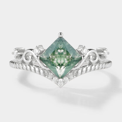 Princess Cut Moss Agate Vintage Engagement Ring