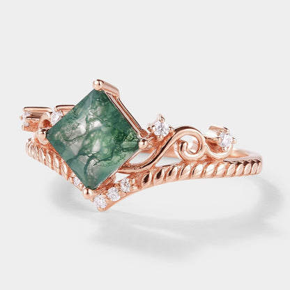 Princess Cut Moss Agate Vintage Engagement Ring