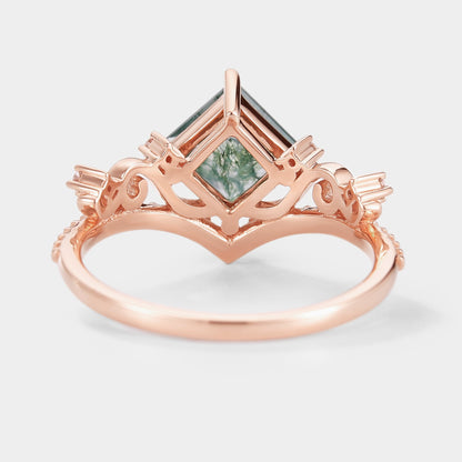 Princess Cut Moss Agate Vintage Engagement Ring