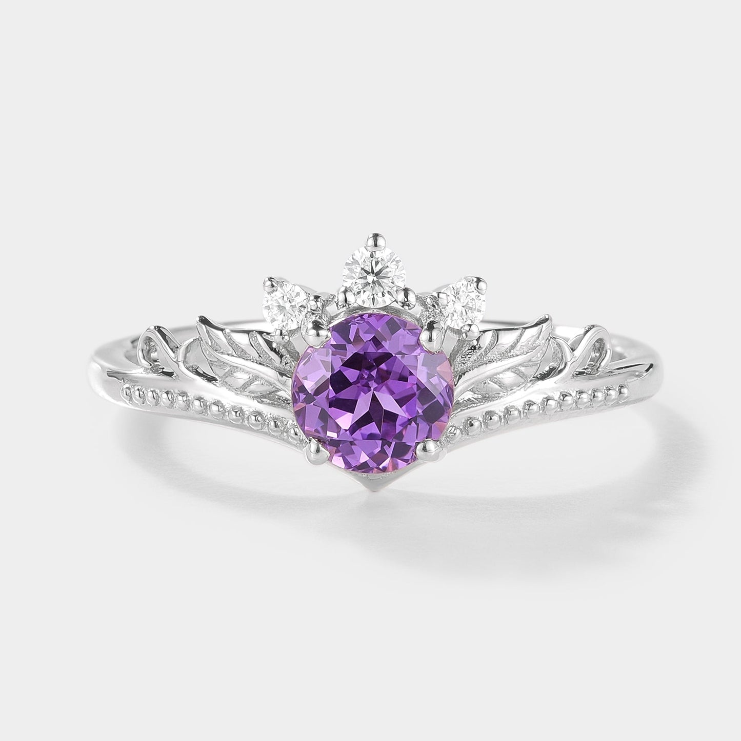 Round Cut Lab Purple Sapphire Leaf Engagement Ring
