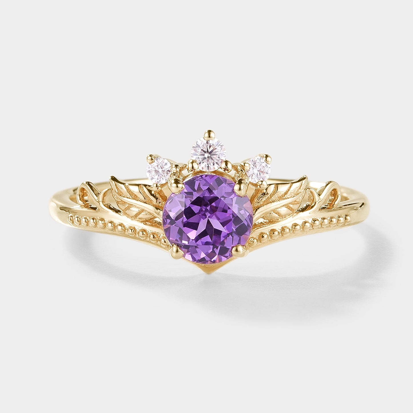 Round Cut Lab Purple Sapphire Leaf Engagement Ring