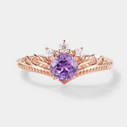 Round Cut Lab Purple Sapphire Leaf Engagement Ring
