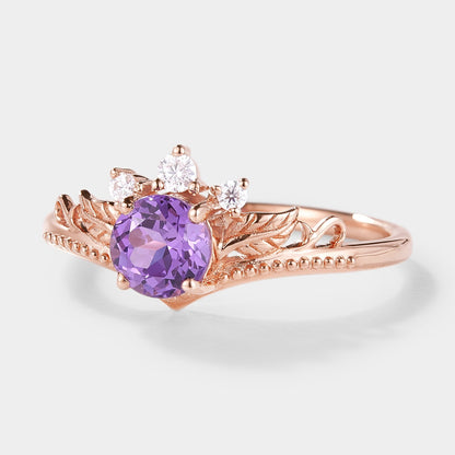 Round Cut Lab Purple Sapphire Leaf Engagement Ring