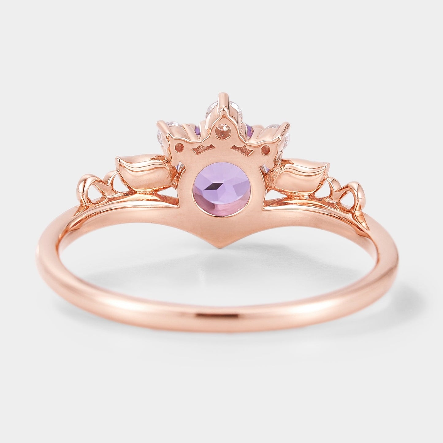 Round Cut Lab Purple Sapphire Leaf Engagement Ring