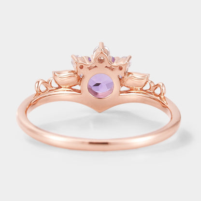 Round Cut Lab Purple Sapphire Leaf Engagement Ring