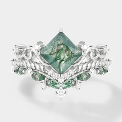 Vintage Princess Cut Moss Agate Bridal Ring Set 2pcs