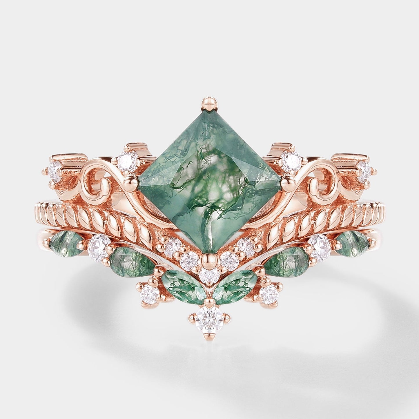 Vintage Princess Cut Moss Agate Bridal Ring Set 2pcs