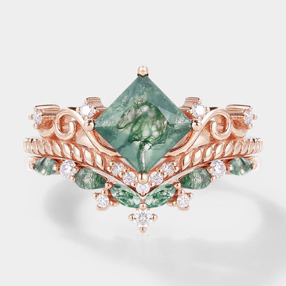 Vintage Princess Cut Moss Agate Bridal Ring Set 2pcs