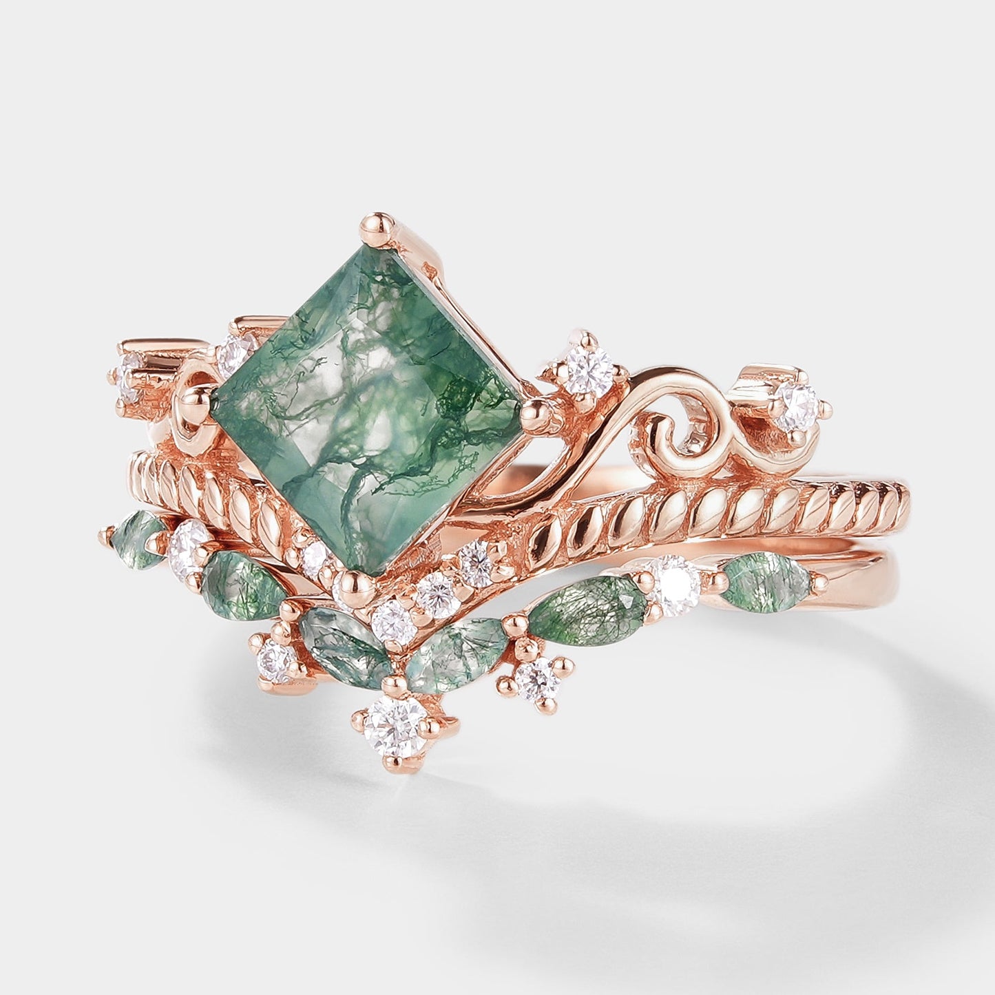 Vintage Princess Cut Moss Agate Bridal Ring Set 2pcs