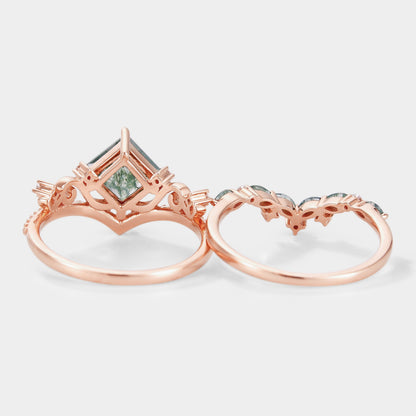 Vintage Princess Cut Moss Agate Bridal Ring Set 2pcs