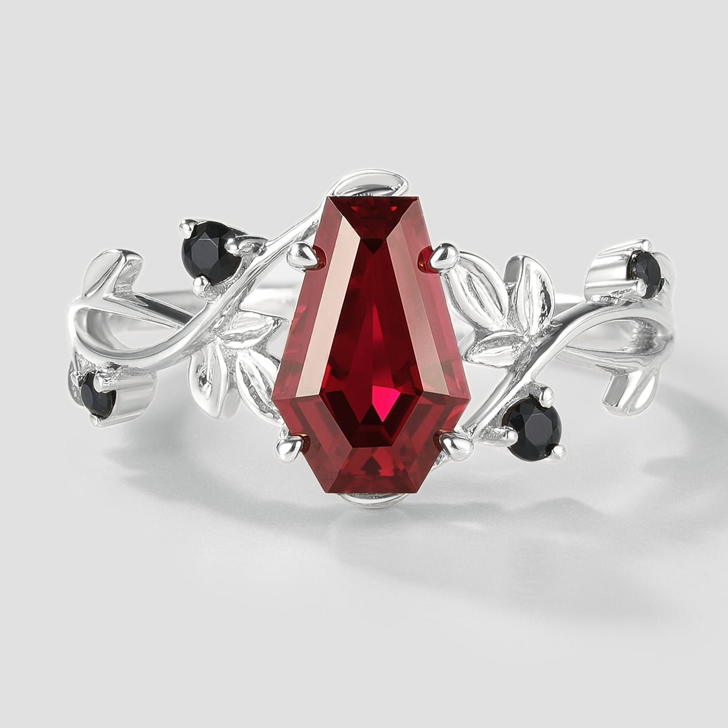 Unique Design Coffin Cut Lab Grown Ruby Leaf Promise Ring