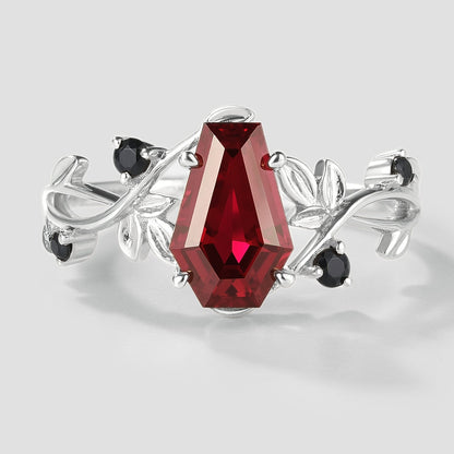 Unique Design Coffin Cut Lab Grown Ruby Leaf Promise Ring
