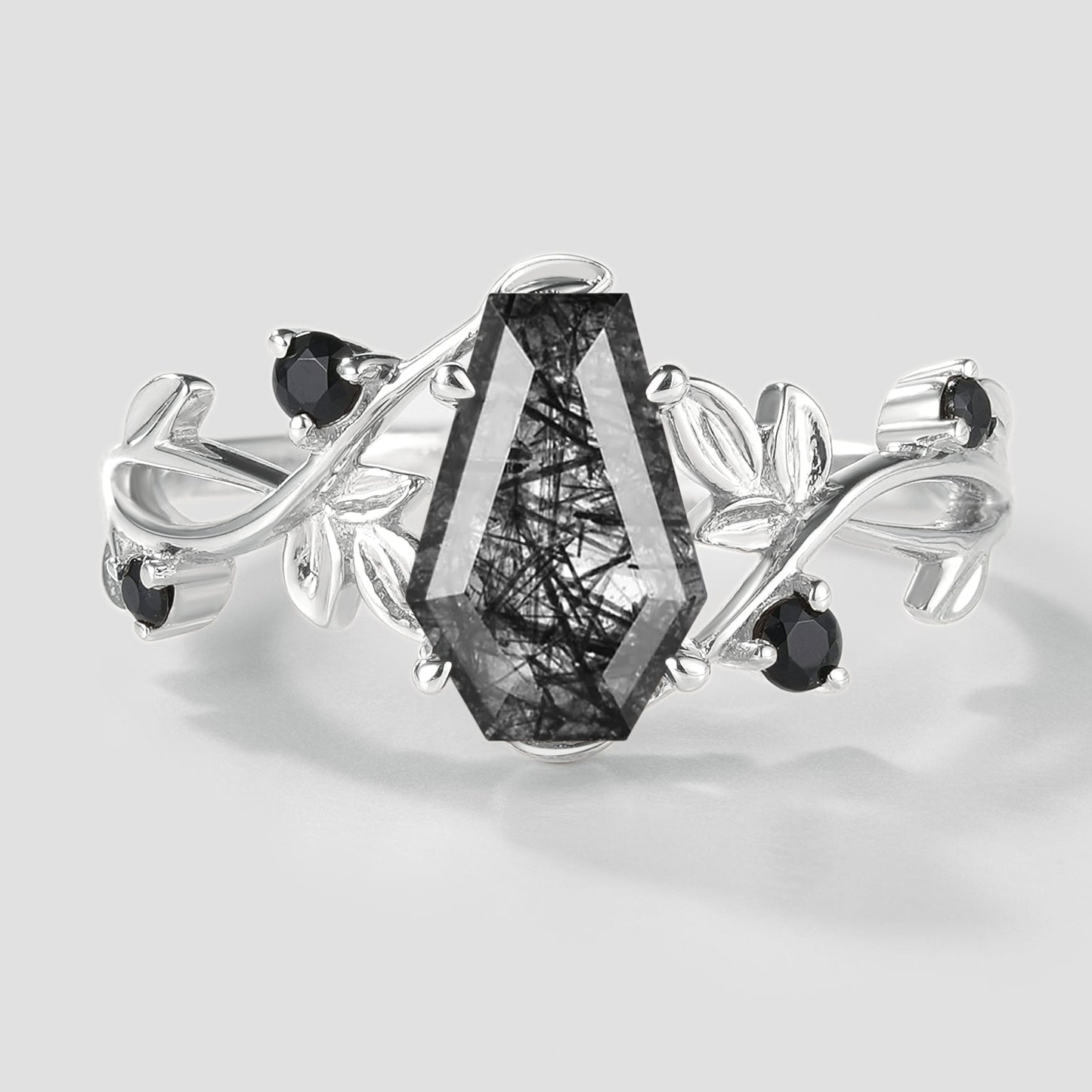Unique Design Coffin Cut Black Rutilated Quartz Leaf Proposal Ring