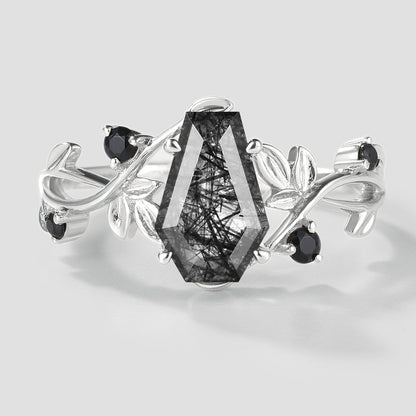 Unique Design Coffin Cut Black Rutilated Quartz Leaf Proposal Ring