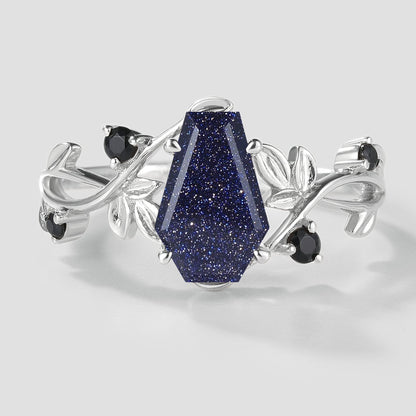 Unique Design Coffin Cut Blue Sandstone Leaf Engagement Ring