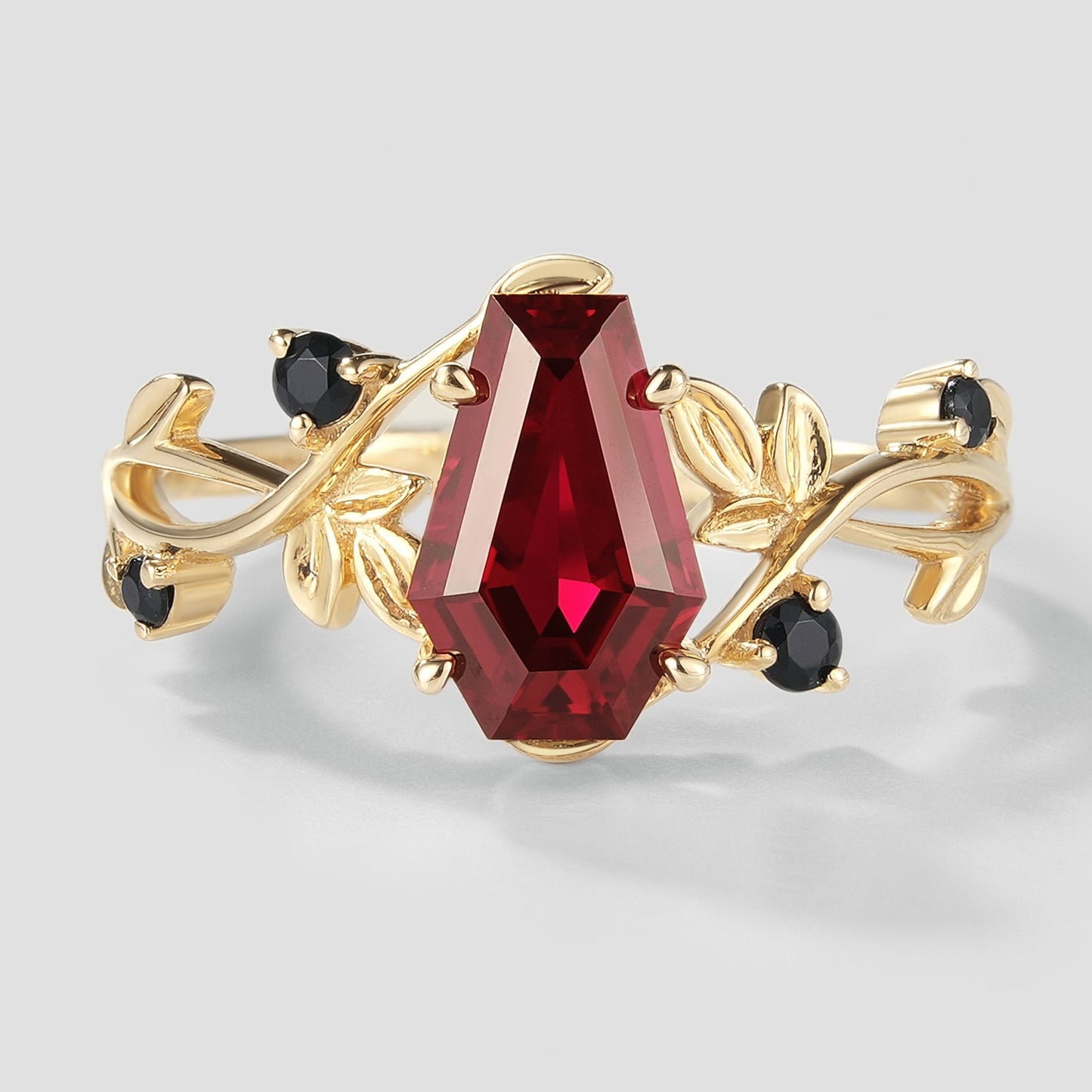 Unique Design Coffin Cut Lab Grown Ruby Leaf Promise Ring
