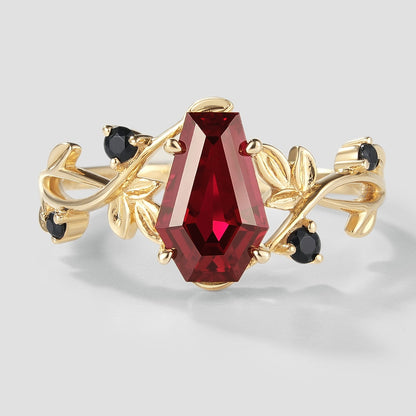 Unique Design Coffin Cut Lab Grown Ruby Leaf Promise Ring