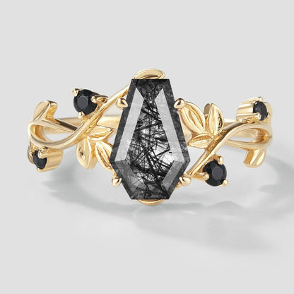Unique Design Coffin Cut Black Rutilated Quartz Leaf Proposal Ring